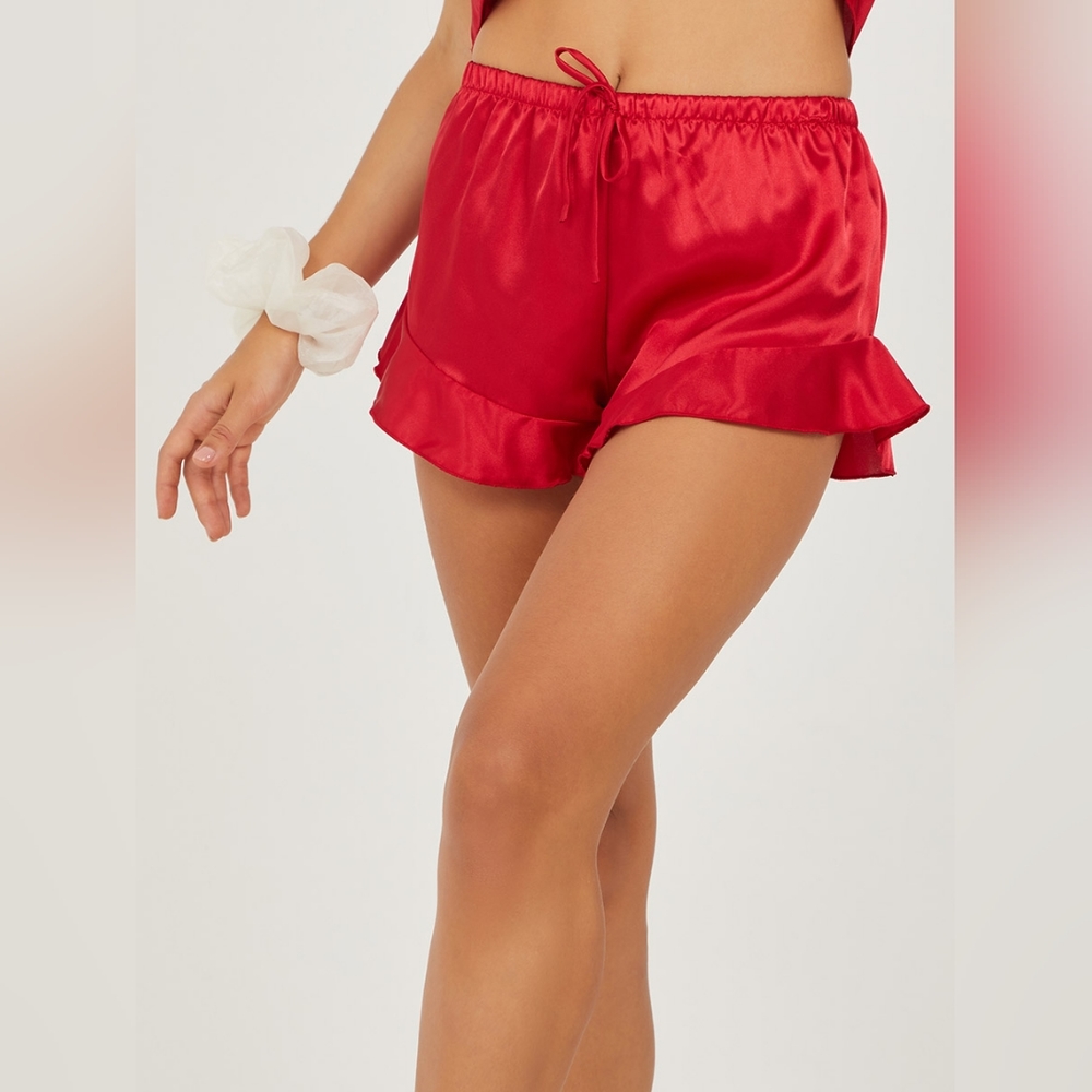 Red Satin Pajama Shorts Ruffle Hem